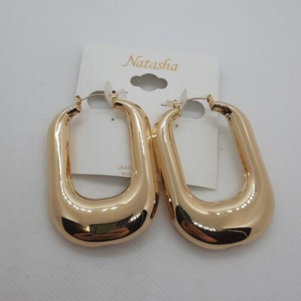 NEW Natasha Gold Tone U-Shaped Chunky Rectangle Oval Bold Hoop Pierced Earrings